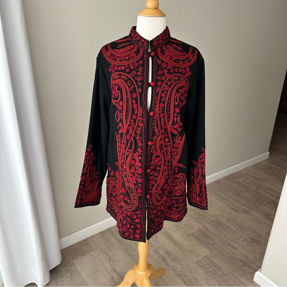 100% Wool Coldwater Creek Black and Red Embroidered Button Down Jacket